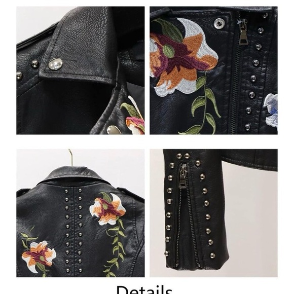 🎉Chic Boho Gorgeous Floral Print Embroidery Faux Leather Moto Bomber Jacket S - Picture 5 of 16